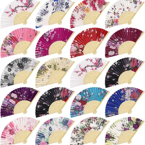 Chinese Classical Bamboo Silk Folding Fan 21cm Japanese Style Vintage Floral Handheld Fan for Women Wedding Party Gift