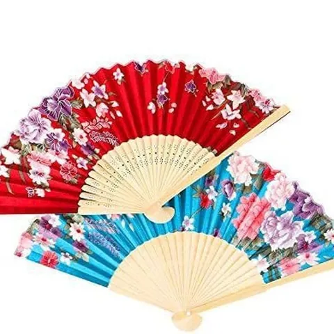 Japanese Style Satin Bamboo Folding Fan Floral Print Handheld Fan for Women Wedding Party Dance Performance Decoration