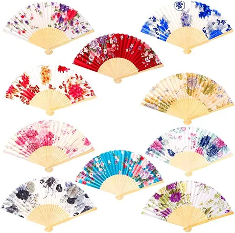 Abanico Plegable de Mano Estilo Japonés Hueso de Bambú Tela de Satén Patrón Floral Calado para Boda Fiesta Regalo Mujer
