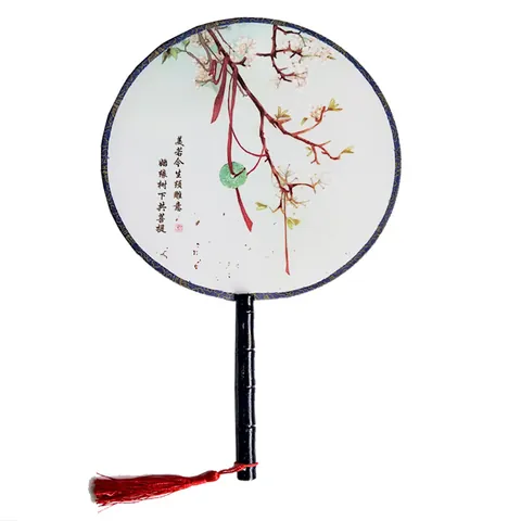 Chinese Traditional Round Fan Artificial Silk Hand Fan With Tassel Vintage Printed Plum Blossom Ancient Style Gong Shan For Women Dance Party Home Decor
