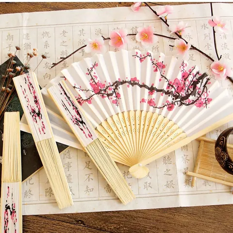 Chinese Vintage Silk Folding Fan Ink Plum Blossom Rose Pattern Bamboo Ribs Handheld Fan for Wedding Party Women Gift