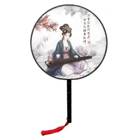 Vintage Chinese Style Round Hand Fan With Tassel Satin Fabric Wood Handle Hanfu Accessories Decorative Fan For Home Party
