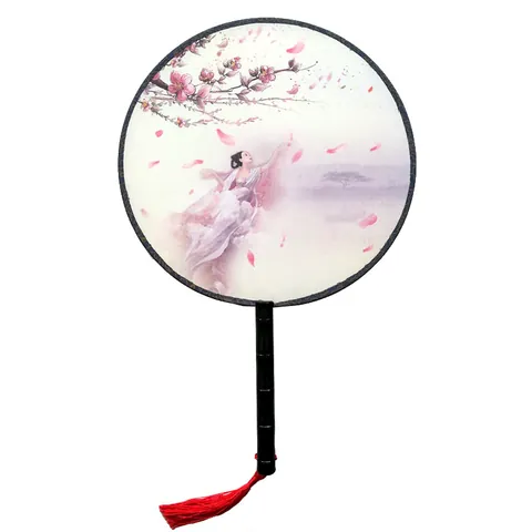 Vintage Chinese Style Round Hand Fan With Tassel Satin Fabric Wood Handle Hanfu Accessories Decorative Fan For Home Party