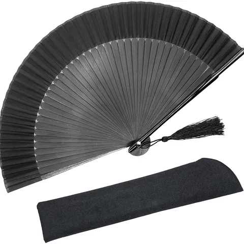Chinese Traditional Solid Black Bamboo Folding Fan Silk Surface Kung Fu Fan Large Hand Fan Decorative Craft Fan With Tassel Performance Dance Fan For Men Women