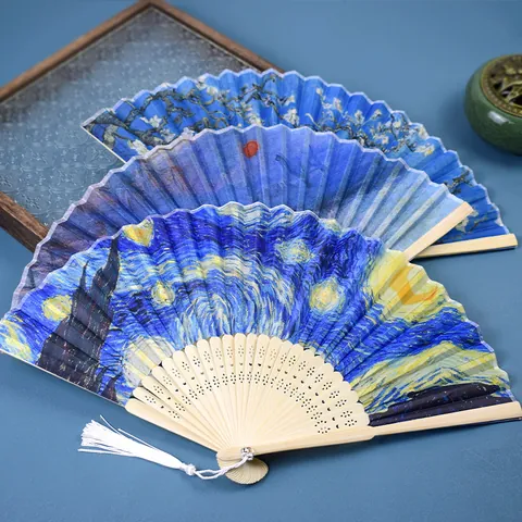 Famous Oil Painting Bamboo Handheld Folding Fan Satin Fabric Vintage Art Hand Fan Starry Night Impression Sunrise for Women