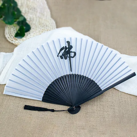 Chinese Style Vintage Folding Hand Fan Satin Bamboo Ribs Decorative Fan with Tassel for Men Women Wedding Party Home Decor