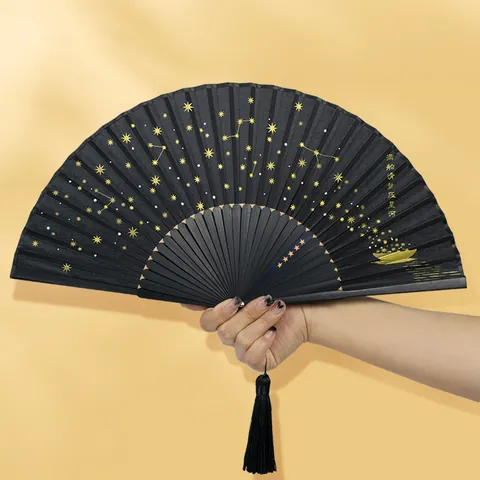 Starry Sky Folding Fan Chinese Style Women Vintage Silk Bamboo Fan Gold Stamping Star Pattern With Tassel Handheld Fan Decorative