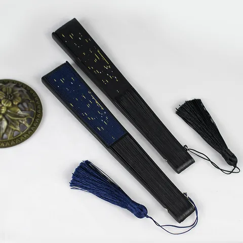 Starry Sky Folding Fan Chinese Style Women Vintage Silk Bamboo Fan Gold Stamping Star Pattern With Tassel Handheld Fan Decorative