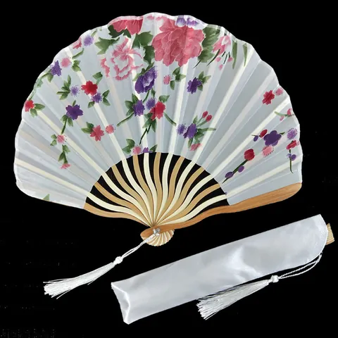 Oriental Vintage Satin Floral Folding Fan with Bamboo Ribs and Matching Bag Tassel for Women Chinese Style Dance Wedding Decor