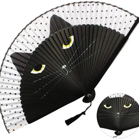 Japanese Style Bamboo Folding Fan With Cartoon Cat Pattern Polka Dot Linen Handheld Fan Lacquered Handle Tassel For Women