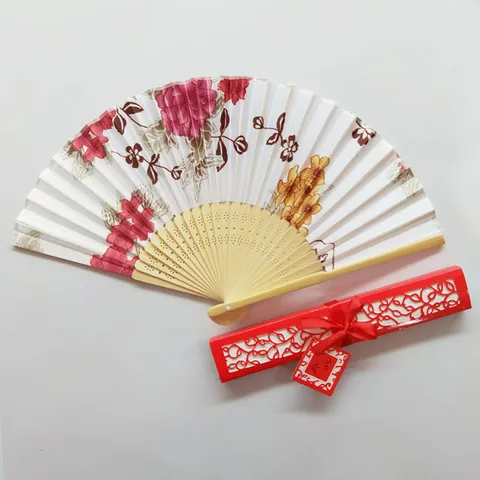 Vintage Japanese Style Folding Hand Fan Floral Printed Satin Fabric Bamboo Ribs With Hollow Gift Box For Wedding Favors