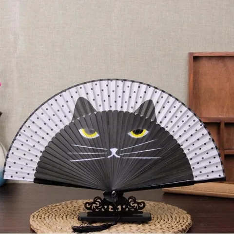 Japanese Style Bamboo Folding Fan With Cartoon Cat Pattern Polka Dot Linen Handheld Fan Lacquered Handle Tassel For Women