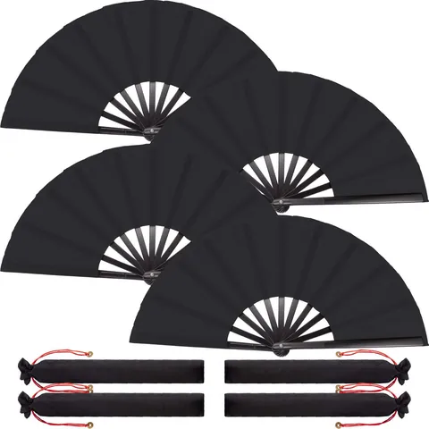 Solid Black Kung Fu Fan Martial Arts Tai Chi Performance Hand Fan With Protective Sleeve Bamboo Plastic Bone Folding Fan