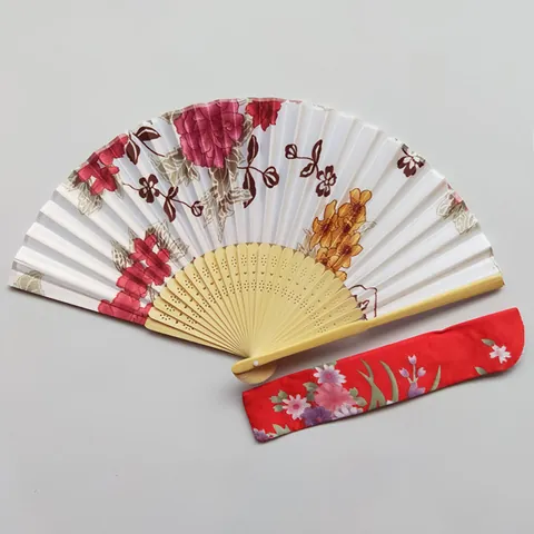 Abanico Plegable de Satén Estilo Japonés Con Bolsa a Juego para Mujer Patrón Floral Hueso de Bambú para Boda Fiesta Decoración Hogar