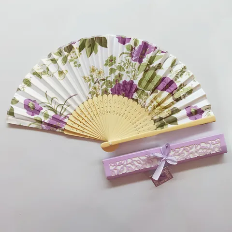 Vintage Japanese Style Folding Hand Fan Floral Printed Satin Fabric Bamboo Ribs With Hollow Gift Box For Wedding Favors