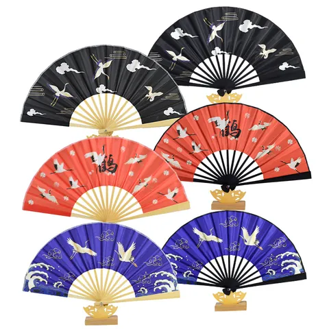 Vintage Chinese Style Hand Fan Bamboo Ribs Satin Fabric Folding Fan Crane Wave Pattern Hanfu Accessory Home Decor Gift