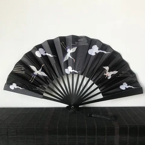 Vintage Chinese Style Hand Fan Bamboo Ribs Satin Fabric Folding Fan Crane Wave Pattern Hanfu Accessory Home Decor Gift
