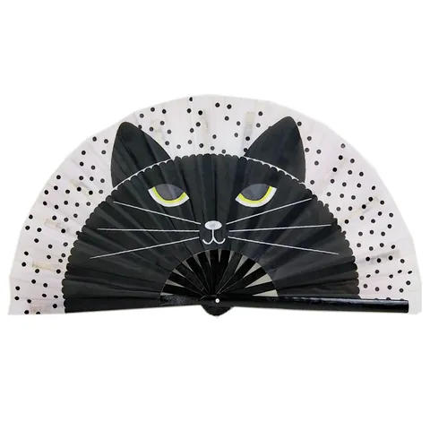 Abanico Plegable de Bambú Grande de 33cm para Danza Kung Fu Actuación Abanico de Mano Decorativo de Tela Con Patrones de Cielo Estrellado Arcoíris Gato