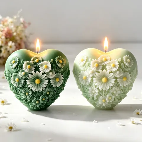 Herzform Gänseblümchen Relief Duftkerze Silikonform 3D Blumen Gips Ornament DIY Handwerk Backwerkzeug Home Decor
