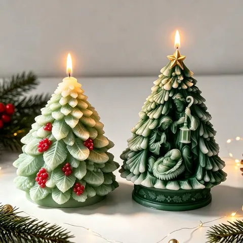 Christmas Tree Silicone Mold For DIY Scented Candle Nativity Scene Relief Pine Tree Plaster Aroma Stone Ornament Mold