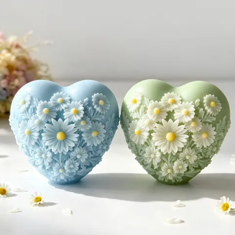 Herzform Gänseblümchen Relief Duftkerze Silikonform 3D Blumen Gips Ornament DIY Handwerk Backwerkzeug Home Decor