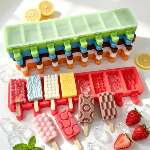 Silicone Ice Cream Mold Geometric Multi Cavity Popsicle Mold With Lid DIY Homemade Dessert Maker Tools For Summer Kitchen