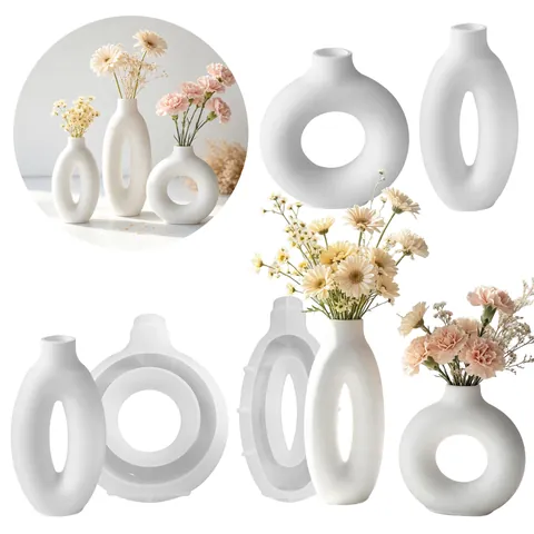 DIY Circular Oval Vase Silicone Mold Hollow Circle Donut Flower Pot Resin Gypsum Mold For Minimalist Home Decor Crafting