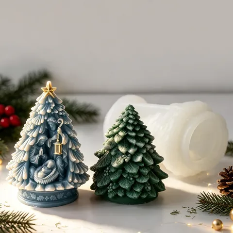 Christmas Tree Silicone Mold For DIY Scented Candle Nativity Scene Relief Pine Tree Plaster Aroma Stone Ornament Mold