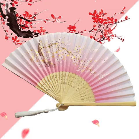 Women Vintage Chinese Style Folding Fan Silk-like Polyester Bamboo Ribs With Tassel Elegant Floral Butterfly Hot Stamping Handheld Fan
