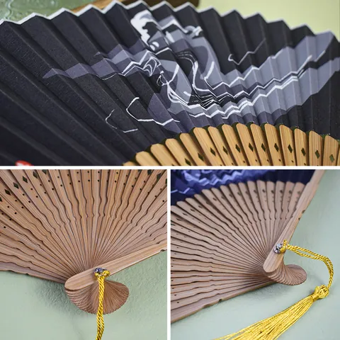Japanese Style Zen Folding Fan Bamboo Frame Polyester Cotton Printed Dragonfly Ink Landscape Handheld Fan With Tassel