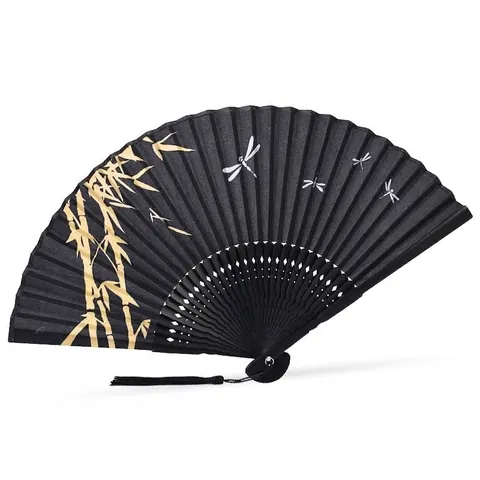 Japanese Style Zen Folding Fan Bamboo Frame Polyester Cotton Printed Dragonfly Ink Landscape Handheld Fan With Tassel