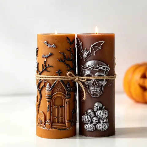 Halloween Skull Cylinder Candle Silicone Mold Gothic 3D Relief Skull Bat Pattern DIY Handmade Aromatherapy Wax Soap Mold