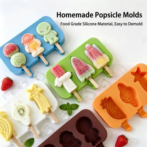 Silicone Ice Pop Mold Space Theme 3-Cavity DIY Popsicle Maker With Lid Astronaut Rocket Shapes Ice Cream Mold For Kids Home Kitchen