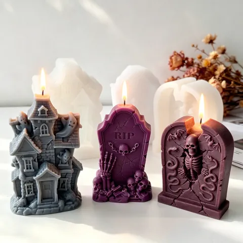 Halloween Tombstone Haunted House Silicone Mold For DIY Resin Gypsum Aroma Candle Skull Ghost Mold Gothic Home Party Decor