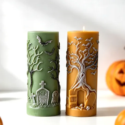 Halloween Skull Cylinder Candle Silicone Mold Gothic 3D Relief Skull Bat Pattern DIY Handmade Aromatherapy Wax Soap Mold