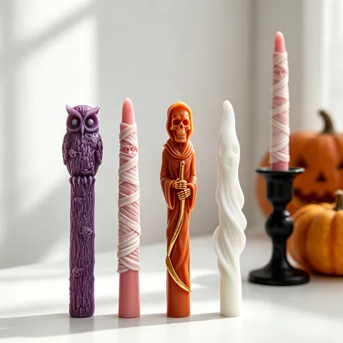 Halloween Long Candle Silicone Mold DIY Skull Mummy Ghost Owl Candle Making Tool 3D Relief Taper Candle Mold Halloween Party Decor