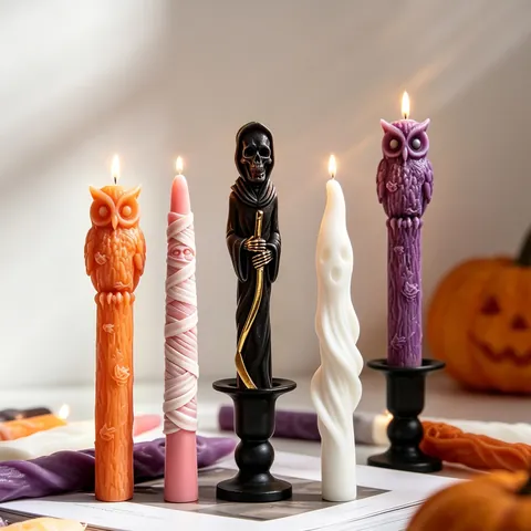 Halloween Long Candle Silicone Mold DIY Skull Mummy Ghost Owl Candle Making Tool 3D Relief Taper Candle Mold Halloween Party Decor