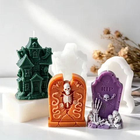 Halloween Tombstone Haunted House Silicone Mold For DIY Resin Gypsum Aroma Candle Skull Ghost Mold Gothic Home Party Decor