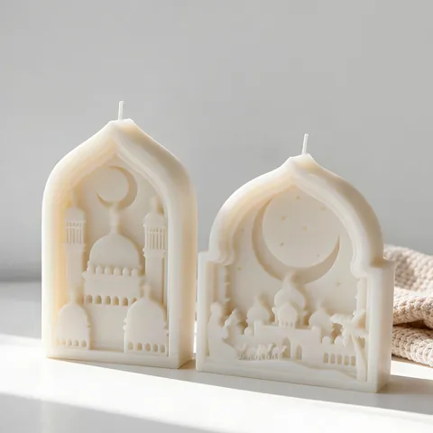 3D Crescent Moon Mosque Relief Silicone Mold For Handmade Scented Candle Plaster Ornament Ramadan Eid Mubarak DIY Craft Mold