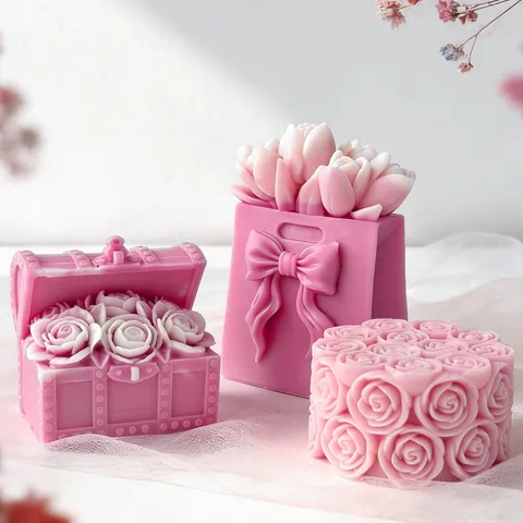 Moule en Silicone pour Bougie Parfumée Cylindre Rose de la Saint-Valentin Bouquet de Tulipes Coffre au Trésor Savon en Plâtre