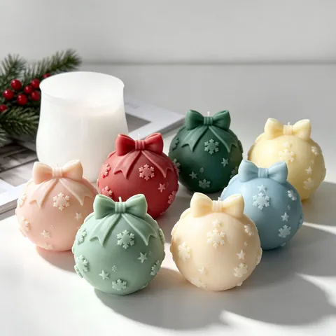 Kerstbal Siliconen Kaarsvorm Met Strik Sneeuwvlok Reliëf Ster Patroon DIY Handgemaakte Geurkaars Was Zeep Gips Vorm Feestelijke Decoratie