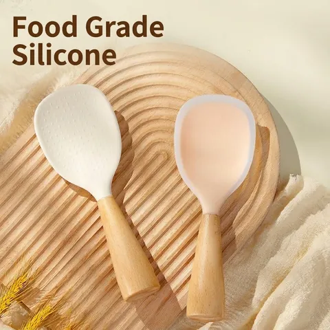 Standing Silicone Rice Spoon With Beech Wood Handle Non-stick Heat Resistant Food Grade Standing Rice Scoop For Kitchen Spatula