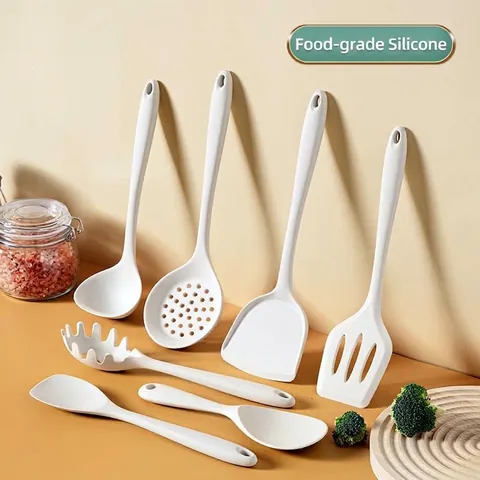Modern White Silicone Kitchen Utensil Set Heat Resistant Integrated Spatula Soup Spoon Skimmer For Non-Stick Cookware Cooking Utensils
