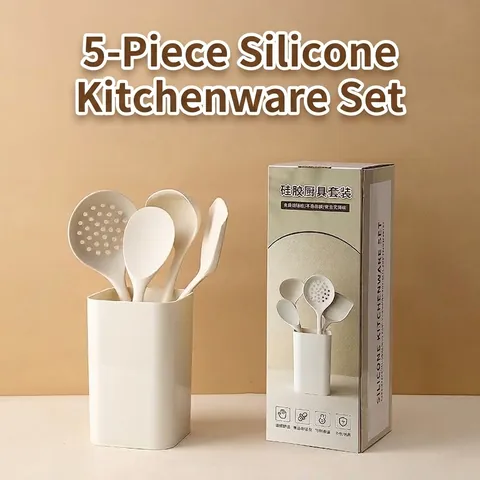 Silicone Kitchen Utensil Set Heat Resistant Non-stick Spatula Soup Spoon Slotted Spoon Rice Spoon With Storage Bucket Modern Minimalist Cooking Tools Home Utensils