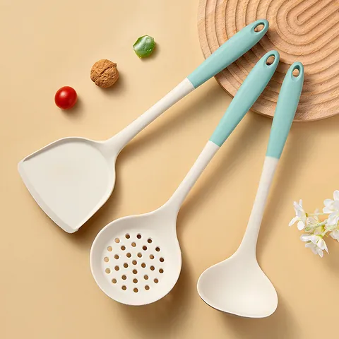 Silicone Kitchen Utensil Set Heat Resistant Non-stick Spatula Soup Spoon Slotted Spoon Rice Spoon With Storage Bucket Modern Minimalist Cooking Tools Home Utensils