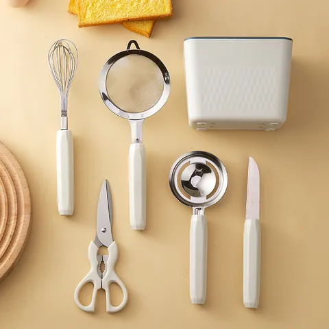 Juego de 6 Piezas de Herramientas de Repostería de Acero Inoxidable Con Base Batidor Tamiz Separador de Huevo Tijeras Cuchillo Fruta Estilo Nórdico