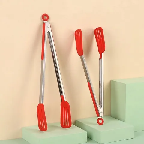 Heat Resistant Silicone Food Tongs With Non-Slip Grip Kitchen BBQ Tongs For Cooking Steak Salad Serving Locking Mechanism Red