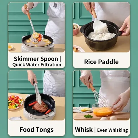 Heat Resistant Silicone Kitchen Utensil Set With Beech Wood Handle Non Stick Spatula Ladle Turner Whisk Tongs Cooking Tools