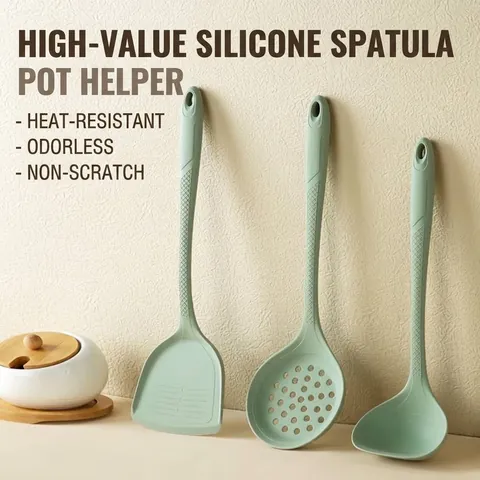 Non-stick Food Grade Silicone Kitchen Utensils Set Heat Resistant Spatula Soup Ladle Slotted Spoon With Anti-slip Handle