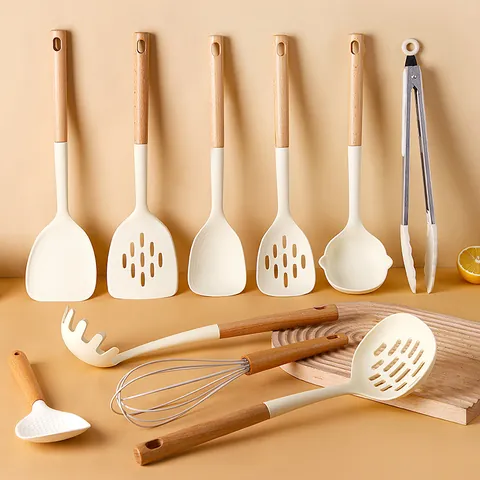 Heat Resistant Silicone Kitchen Utensil Set With Wooden Handle Non-Stick Cooking Spatula Soup Ladle Slotted Spoon Whisk Food Tongs Cream White